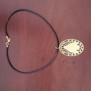 Brass gold tone Miraculous Virgin Mary pendant  W/ necklace black leather.